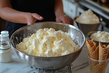 Homemade Vanilla Ice Cream in a Big Metal Bowl, Ready to Serve
