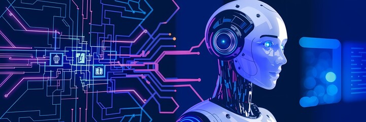 Obraz premium 3D humanoid AI robot metaverse cyberspace digital world background revolution artificial intelligence automated digital technology industry 4.0, humanoid concept Neural Connections Cybernetic Networks