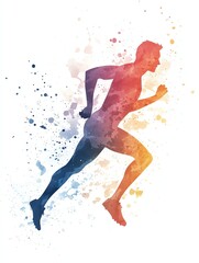 watercolor silhouette of a running athlete surrounded by brushstrokes of national colors, speed and passion visualized