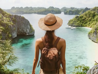 Adventurous woman gazing at stunning tropical islands from elevated viewpoint