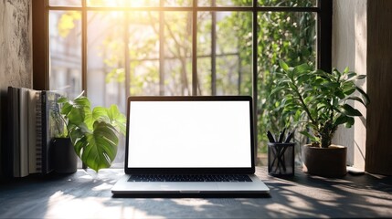 Fototapeta premium Modern workspace with laptop, plants, and sunlight streaming through large windows