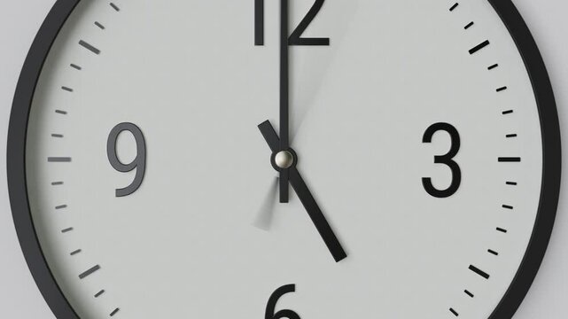 Time-lapse of black and white classic wall clock, neutral light gray background, soft sunlight, day to evening transition, zoom out effect