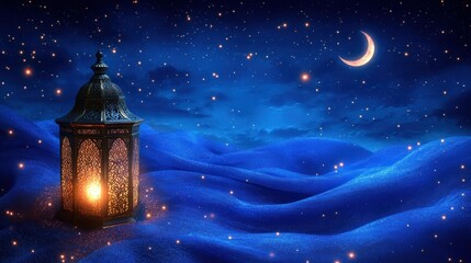 Serene Nightscape: A Glimmering Lantern Under Starlit Sky