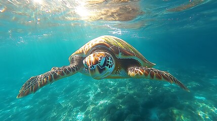Fototapeta premium Sea Turtle Swimming Underwater in Clear Ocean, A sea turtle swimming underwater in clear blue ocean waters, surrounded by rocks and coral