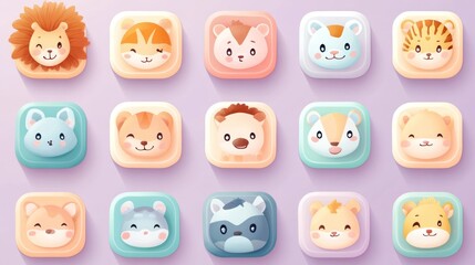 Cute animal icons, app design, pastel background, children's app
