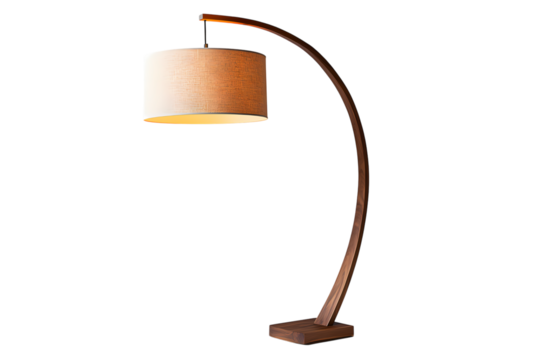 Elegant Wooden Floor Lamp Isolated on Transparent Background. Modern Curved Standing Lamp for Home and Office Lighting.