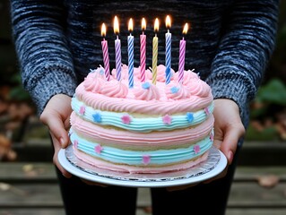 Close-up of a person holding a beautifully decorated birthday cake with pastel frosting and lit candles, ready for celebration.