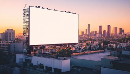 Blank billboard atop building at city sunset