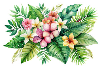 Fototapeta premium watercolor of tropical spring floral green leaves image with white background