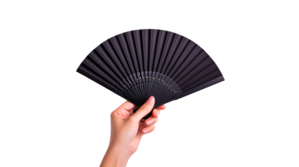 Female hand holding elegant black hand fan, cut out transparent