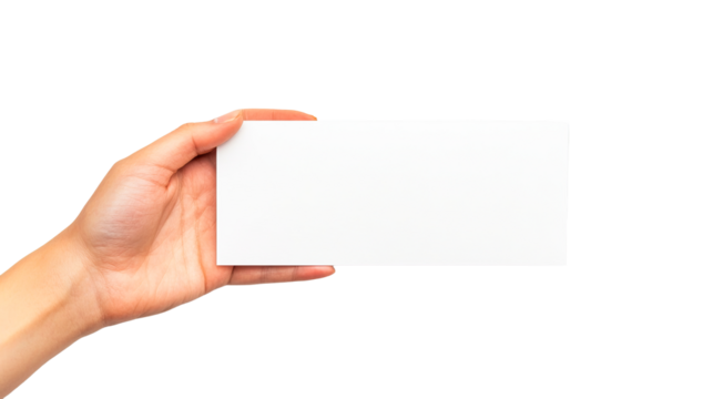 Blank card held by hand against transparent background