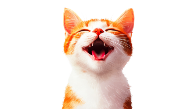 Orange and white cat with mouth open expression, cut out transparent
