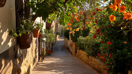 Obraz premium Narrow Stone Paved Alley Lined With Flower Laden Pots and Blooming Vines Under Sunny Daylight