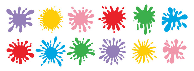Colorful splatters different shapes. Bright stains and splashes. Ink blots collection clipart elements.