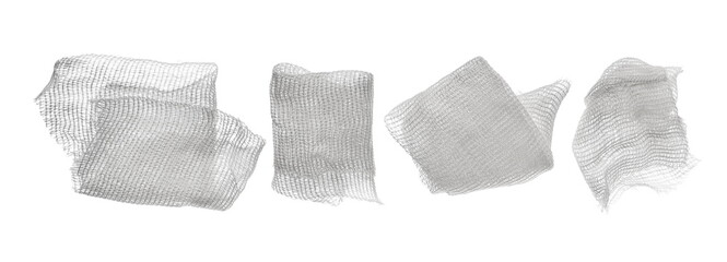 Set medical bandage piece flying, swabs isolated on white, clipping path	