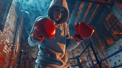 A young boxer in a hoodie practicing punches with red boxing gloves set against an urban backd