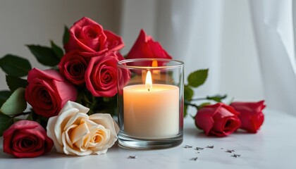 Roses and candle by window