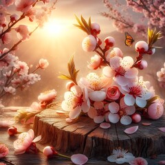  A Serene Spring Scene Featuring Delicate Sakura Blossoms Bathed in Golden Hour Sunlight, with a Butterfly Gracefully Alighting on a Petal Amidst a Rustic Wooden Setting, Evoking the Ephemeral Beauty.