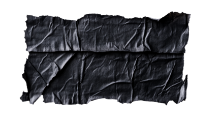 Wrinkled black leather pieces on black background, cut out transparent