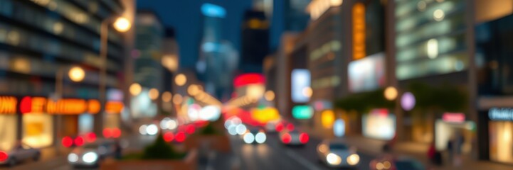 Fototapeta premium Bright city lights illuminate a bustling urban street at night with blurred motion of cars and pedestrians