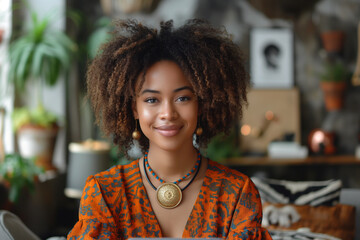 A young Black woman with curly hair smiles warmly, dressed in a vibrant orange patterned top, showcasing her unique style.