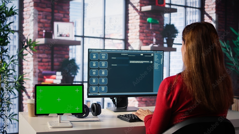 Poster woman interacting with intelligent ai chatbot next to mockup display, using innovative system. machi