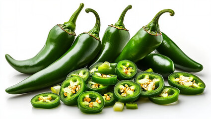 Delicious variety of green chilies displayed with whole jalapeños and sliced options showcasing visible seeds against a clean background; great for cooking or culinary art.  