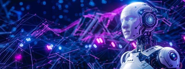 Fototapeta premium 3D humanoid AI robot metaverse cyberspace digital world background revolution artificial intelligence automated digital technology industry 4.0, humanoid concept Neural Connections Cybernetic Networks
