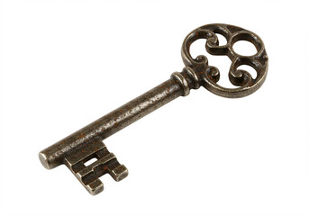 An antique skeleton key with an ornate design and dark patina.