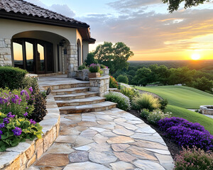 Sunset view from a luxury home's stone patio & landscaped garden