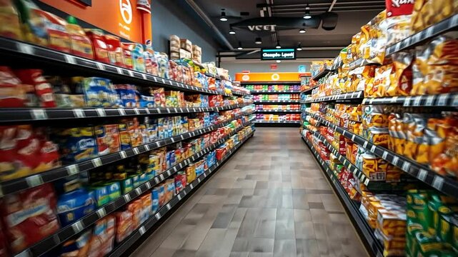Brightly Lit Supermarket Aisle with Colorful Snacks and Products
