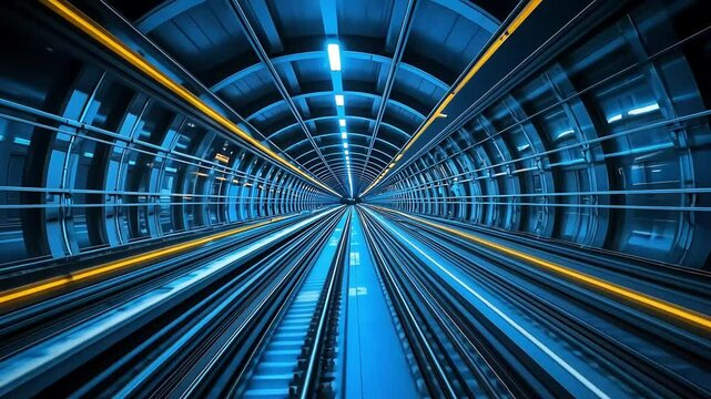 Subway tunnel interior. Blue and gold lights illuminate the long, parallel tracks disappearing into the distance