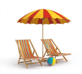 During the summer season, beach chairs and umbrellas with a beach ball are illustrated in a 3D rendering