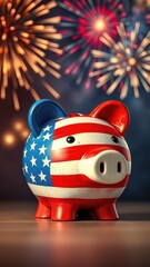 Celebration of savings with a piggy bank painted in American flag colors and fireworks in the background
