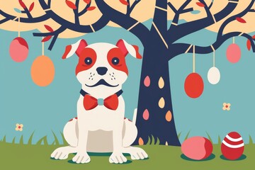 Fototapeta premium Cute dog sitting under easter egg tree with colorful decor