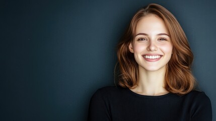 Fototapeta premium Smiling young woman portrait dark background