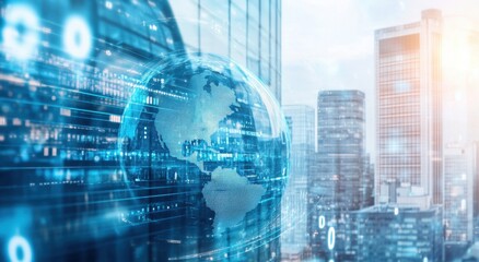 Obraz premium A double exposure of a digital globe and a glass building with office buildings inside, representing global business and technology Generative AI