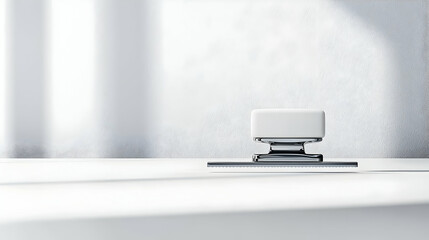 Modern white technology machine object on clean white surface with soft shadow and scattered elements