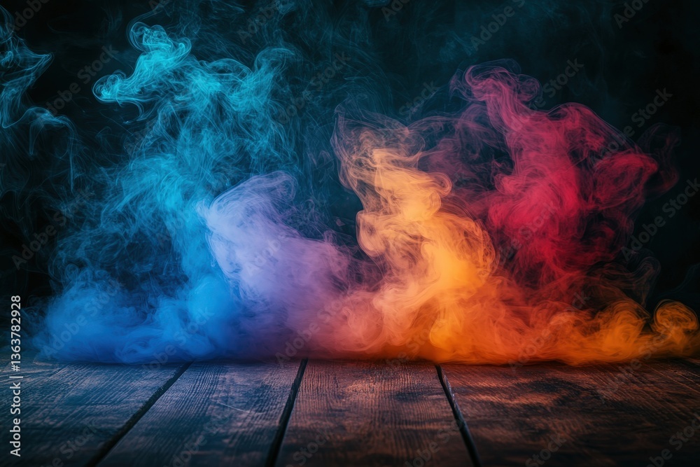 Poster colorful smoke gently disperses on a wooden table creating an ethereal atmosphere against a dark bac