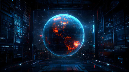 Fototapeta premium Digital Sphere Displaying Data With Blue Hues In A Futuristic Networked Interior Lighting
