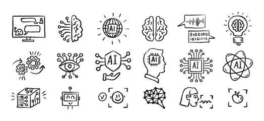 Artificial Intelligence Icons grunge chalk hand drawn doodle Brush set. Outline AI drawing crayon 