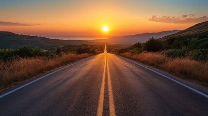 Naklejka premium Scenic Sunset Highway Road Trip Summer Travel Golden Hour Asphalt Road Journey Vacation Destination Landscape Photography Open Road Summertime Adventure Beautiful Sunrise Golden Light Peaceful Serene 