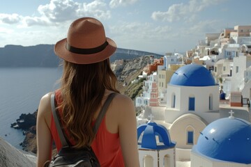 A summer vacationer in Santorini, Greece, takes a moment to relax on Oia island, marveling at the beautiful sight of three famous blue-domed churches. A woman, dressed in a red dress with a hat, is