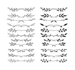 Set hand drawn floral elements isolated doodle line style. Outline silhouette branches.