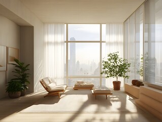 Fototapeta premium Serene and Cozy Modern Living Room with Panoramic City View