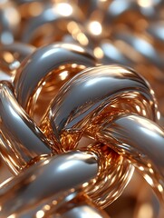 Close up of intertwining metallic links with glossy surfaces