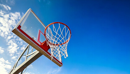 Generated image basketball ring with blue sky as the background; copy space; ring placed on the corner 