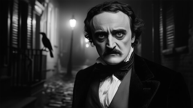 Portrait of Edgar Allan Poe with raven in foggy gothic alley
