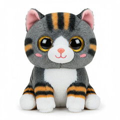 Plush toy cat with large golden eyes, gray body with orange stripes, and pink features.