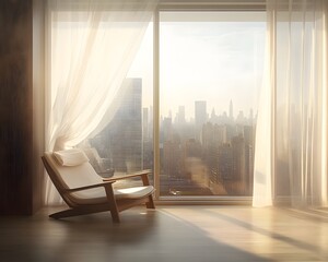 Naklejka premium Peaceful urban retreat with city skyline view from apartment window